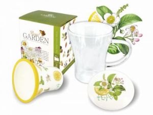 Kubek szklany z porcelanowym zaparzaczem i przykrywką - Herbata z cytryną